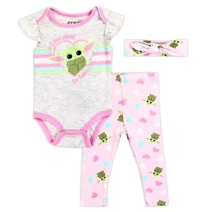 Disney Mandalorian Baby Yoda Girls Clothes Set 3pc Onesie Pants Headband